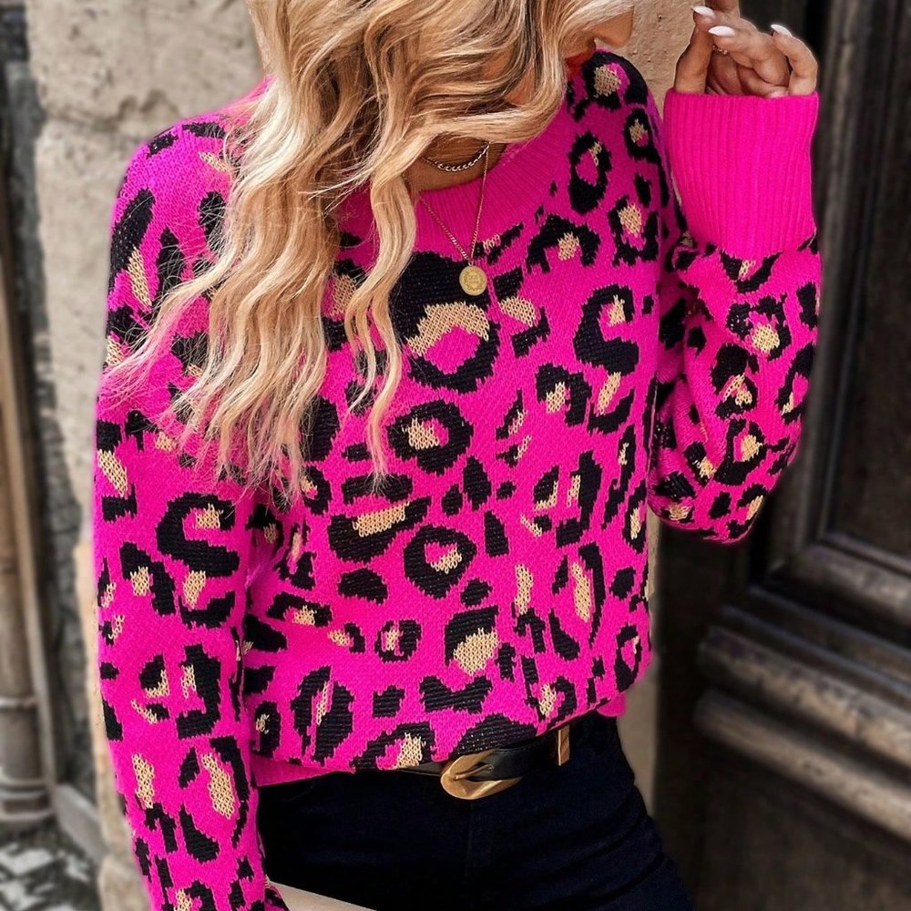 Hot Pink Casual Womens Leopard Pattern Drop Shoulder Sweater - Picture 3 of 5